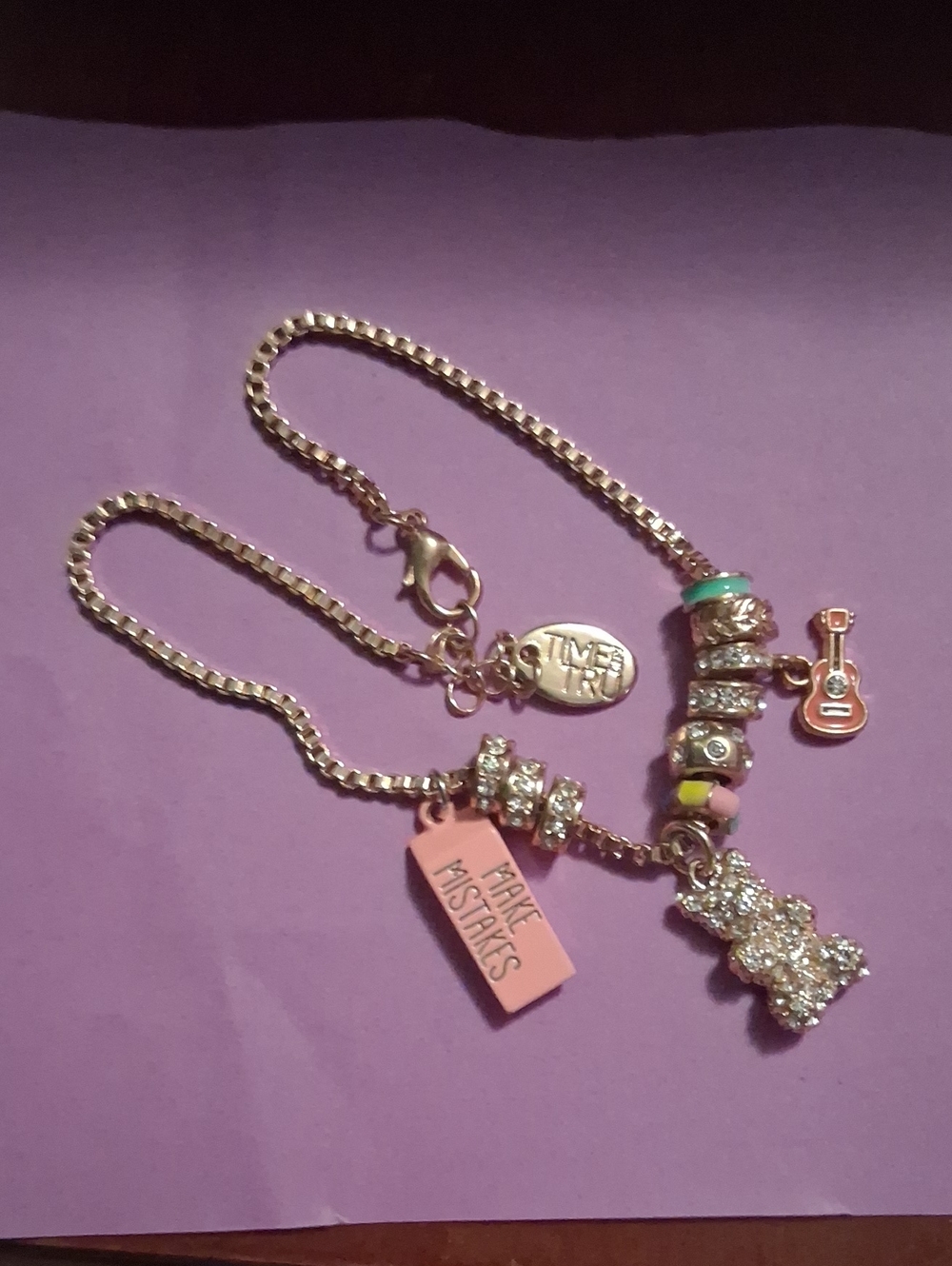 Time and Tru Pink and Gold Charm Bracelet with Teddy, Guitar and Tag